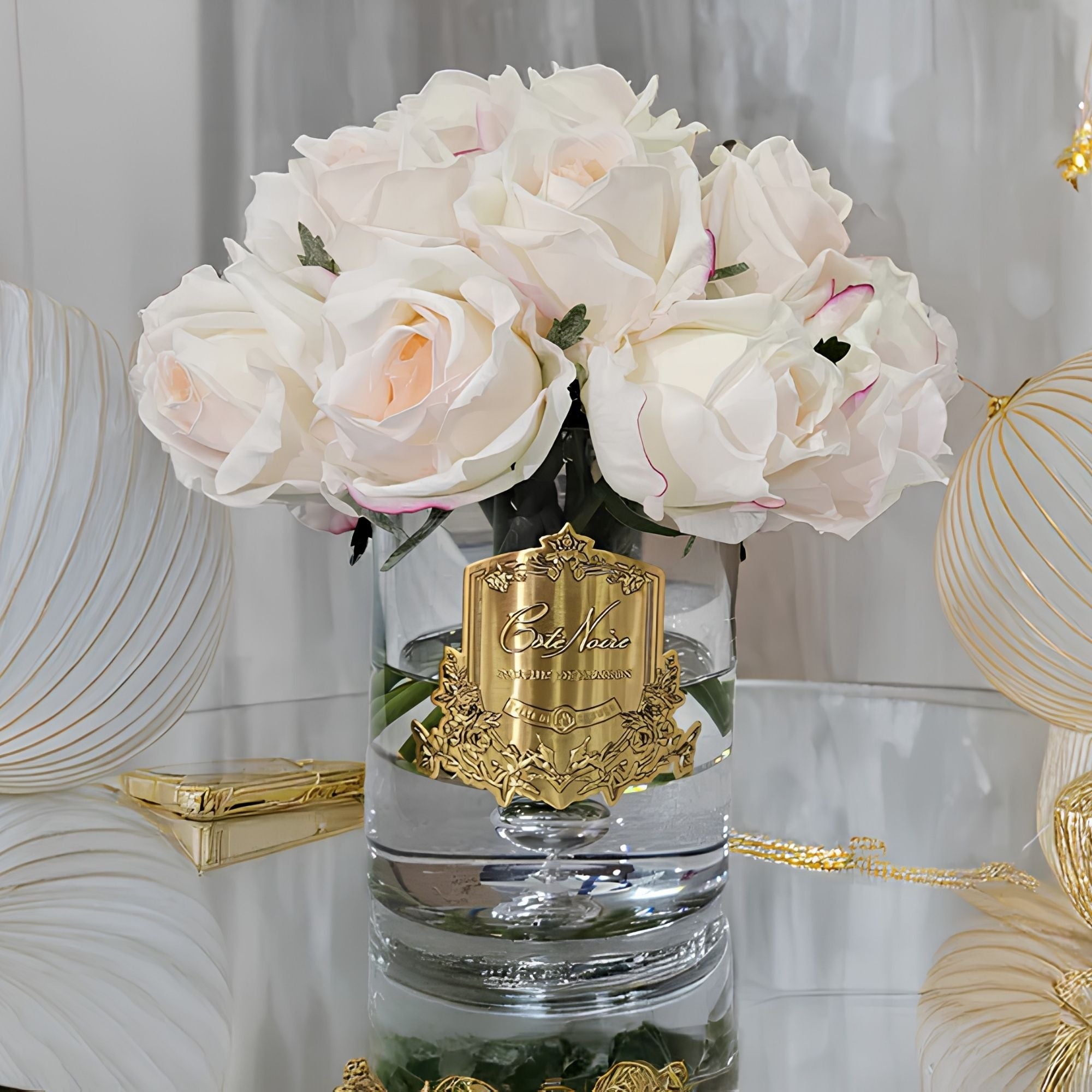 Côte Noire Grand Rose Bud Bouquet LRB02 in pink ribboned box with two perfume bottles