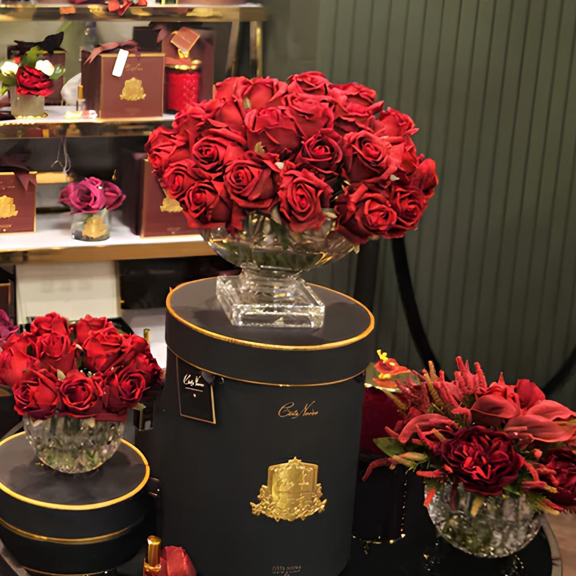 Côte Noire Luxury Centrepiece 37 Rose Bud Bouquet CPRB04 with gift box, Rose Petal perfume and Charente Rose perfume, Eve's Cards & Gifts