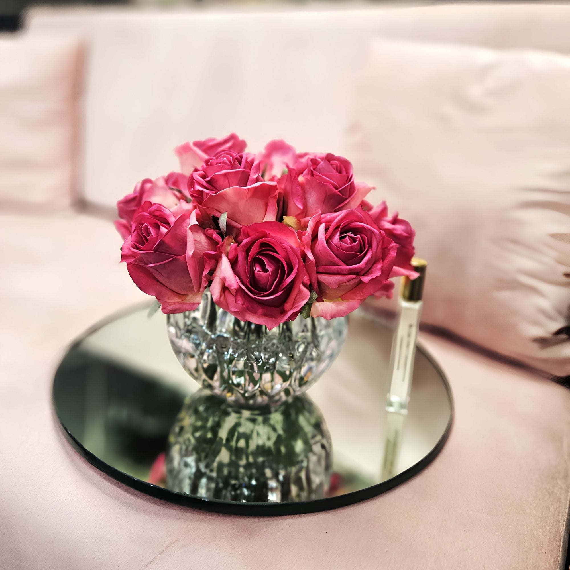 Côte Noire Luxury Round 13 Rose Bud Bouquet RRB07 in ribboned box with two perfume bottles