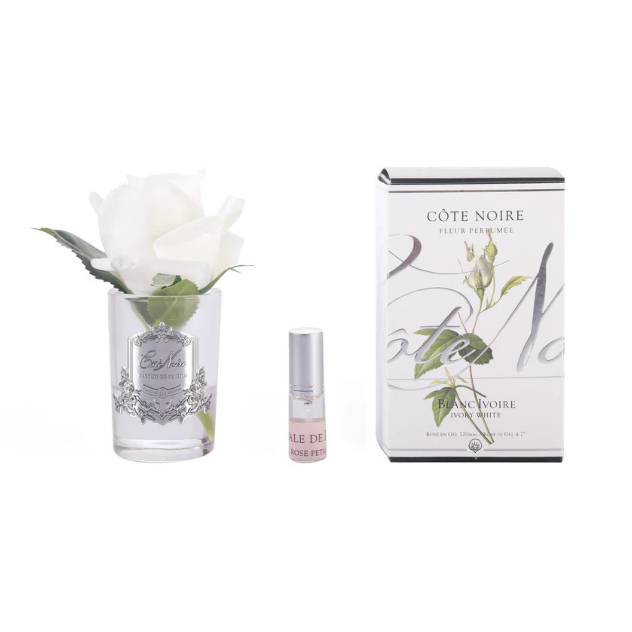 Côte Noire Rose Bud Ivory White perfumed rose in clear glass with silver crest