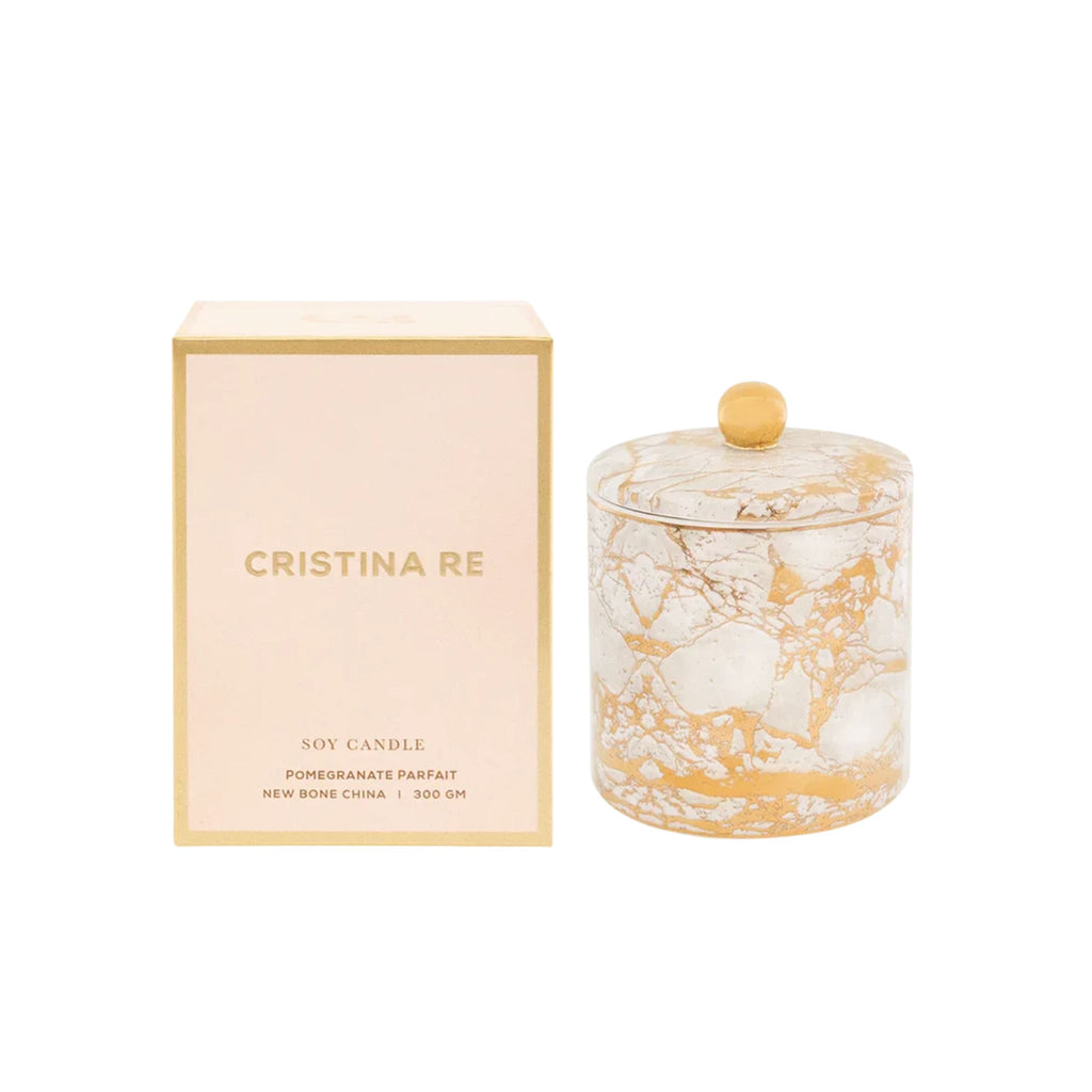 Cristina Re White Celestite Candle, Pomegranate fragrance, gold detail