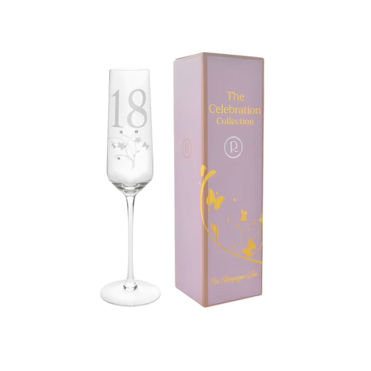 Close-up of crystal detailing on 18th birthday champagne glass