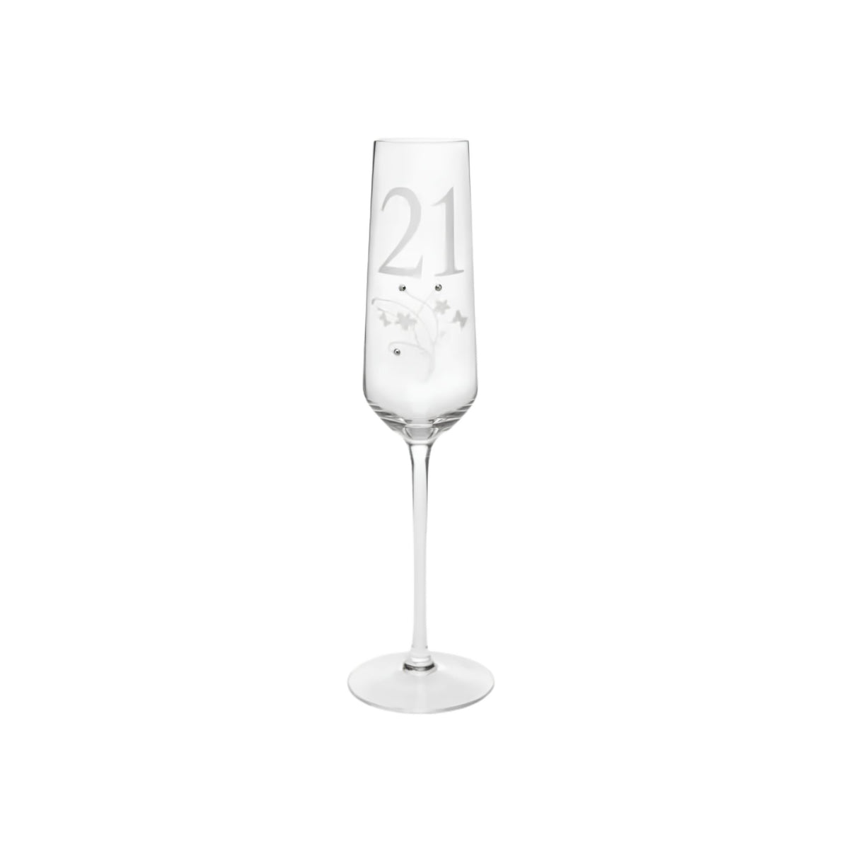 Close-up of crystal detailing on 21st birthday champagne glass