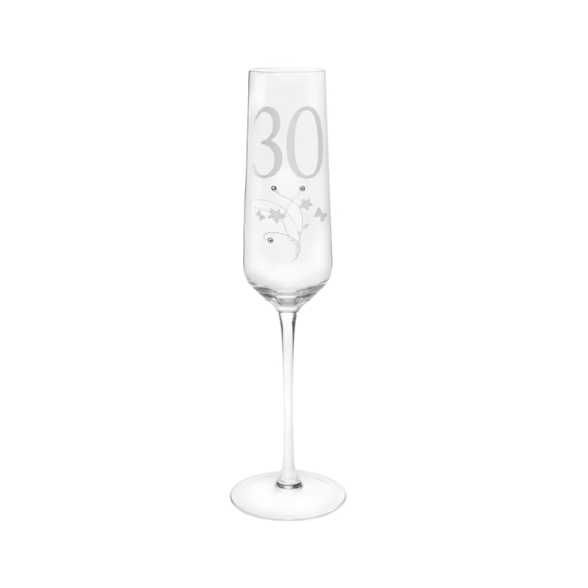 Close-up of crystal detailing on 30th birthday champagne glass