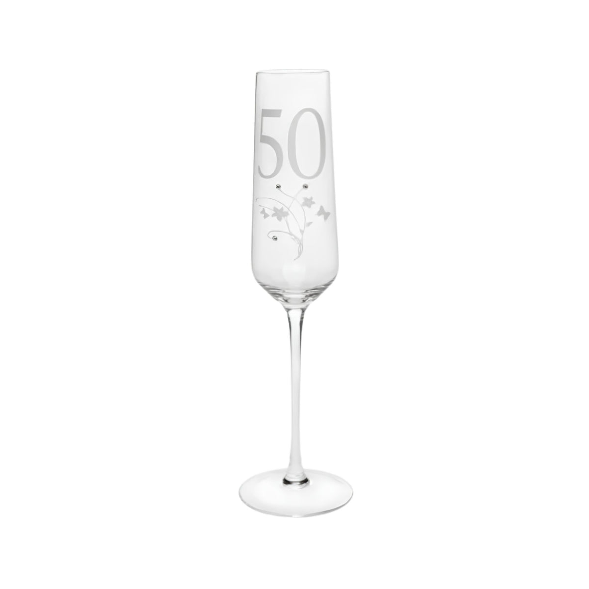 Crystal 50th birthday champagne glass, front view