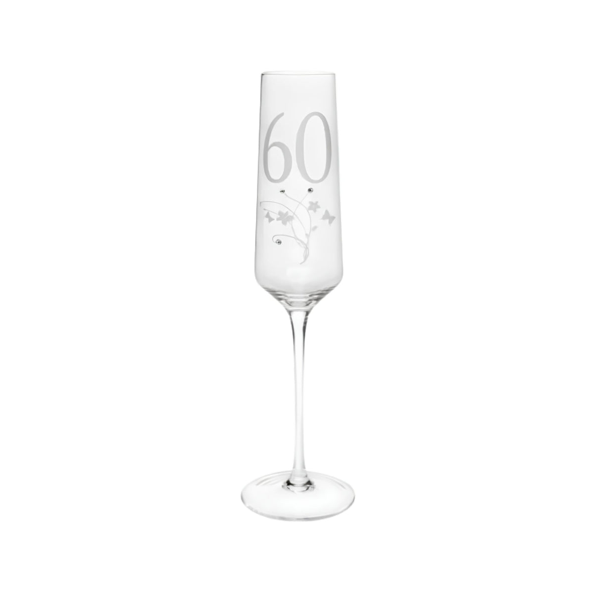 Crystal 60th birthday champagne glass, front view