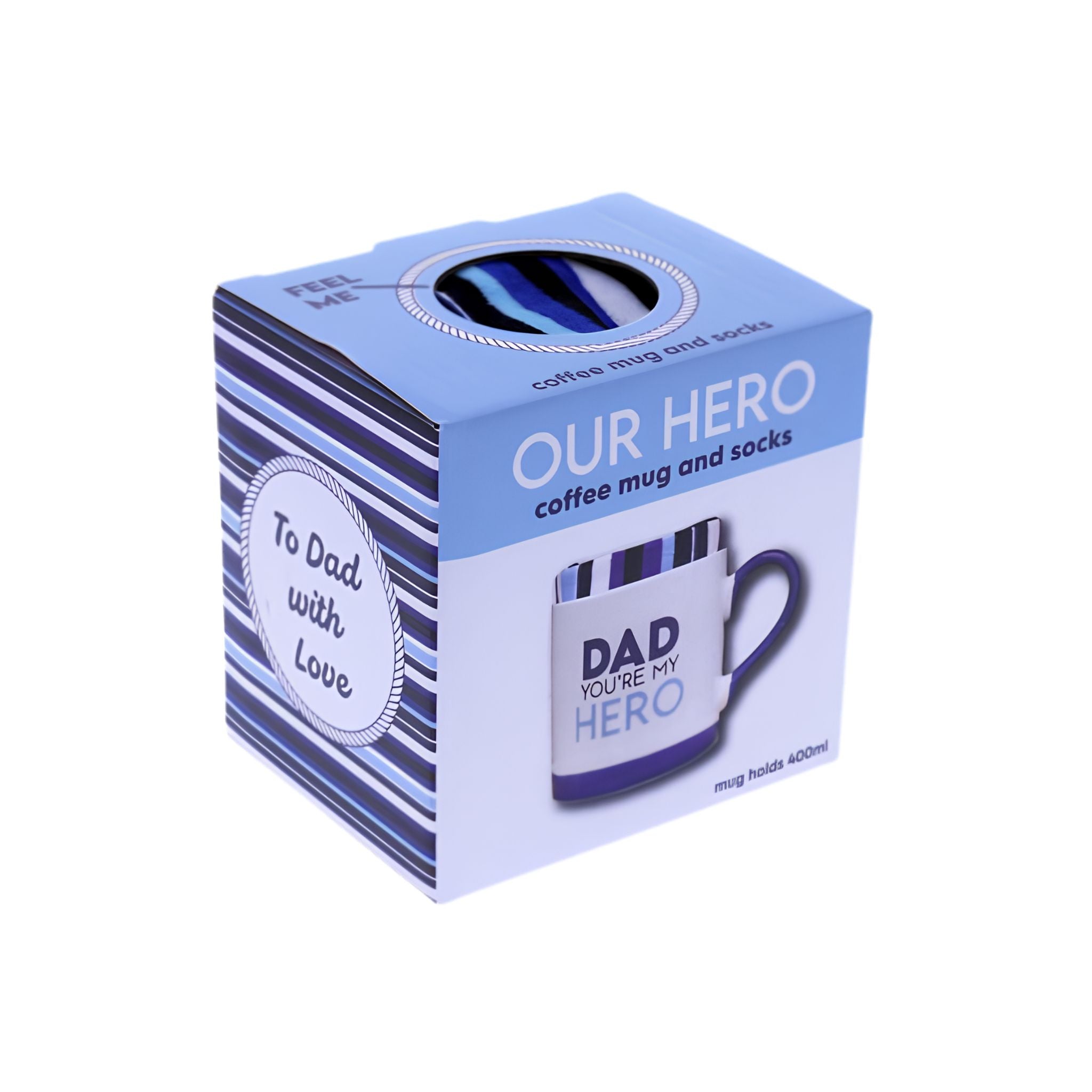 Dad Hero mug and sock set presented in gift packaging