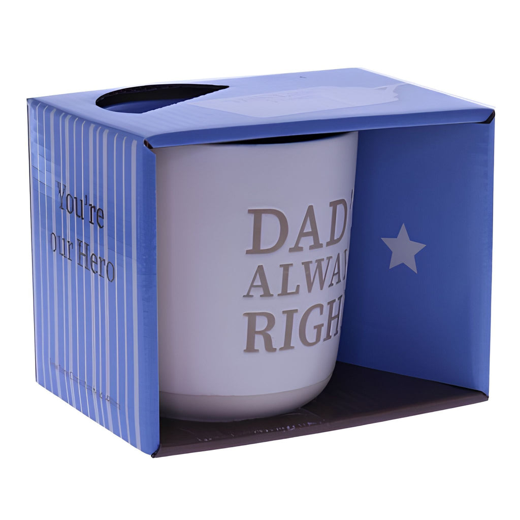 Dad's Always Right mug presented in matching all-over print open-face gift box