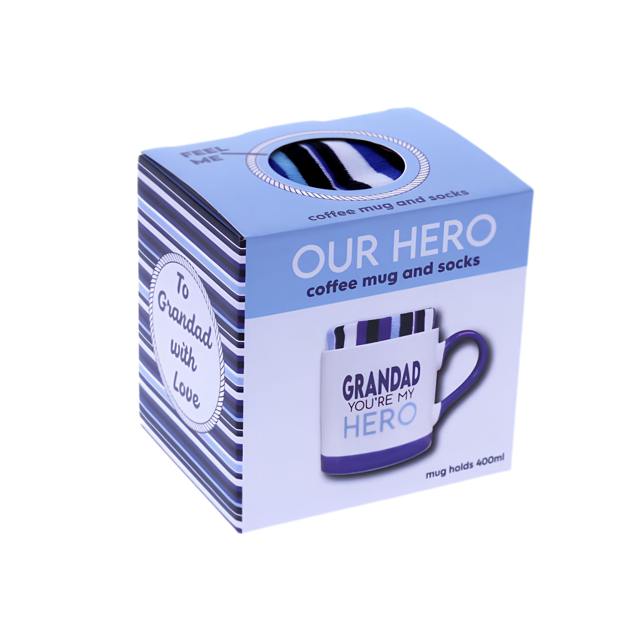 Grandad Hero mug and sock set presented in gift packaging