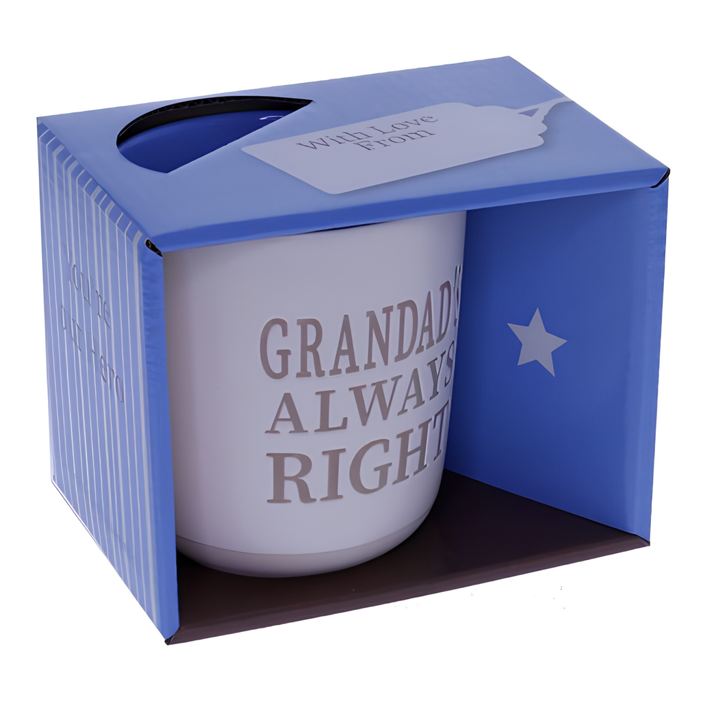 Grandad's Always Right mug presented in matching all-over print open-face gift box