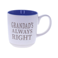 Grandad's Always Right bone china mug with embossed print and navy interior, Father's Day gift