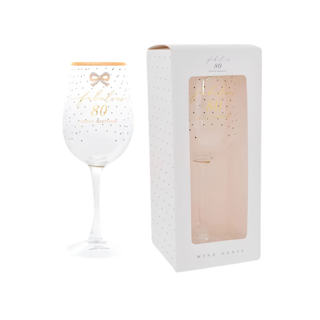Jewelled 80th birthday wine glass, front view