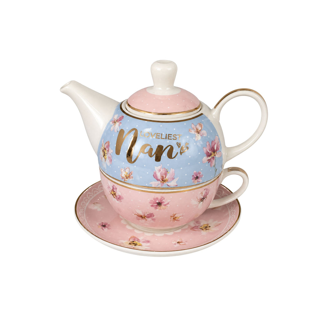 Blue and pink floral teapot gift set for Nan with gold lettering