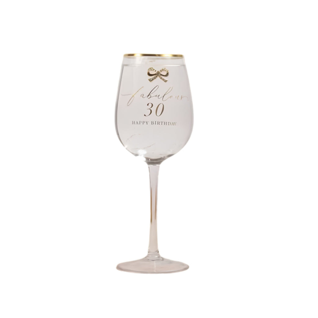 Close-up of 30th birthday detailing on Madelaine wine glass