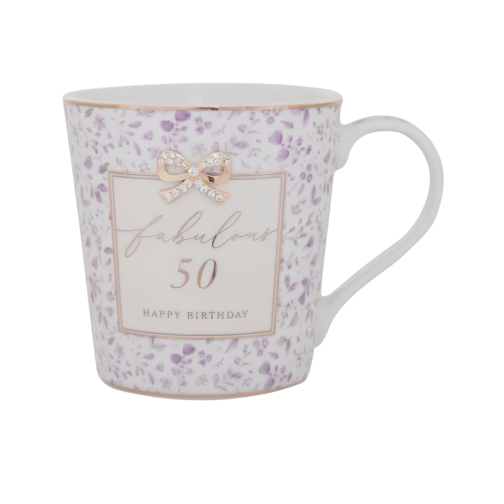 Close-up of 50th birthday detailing on Madelaine mug