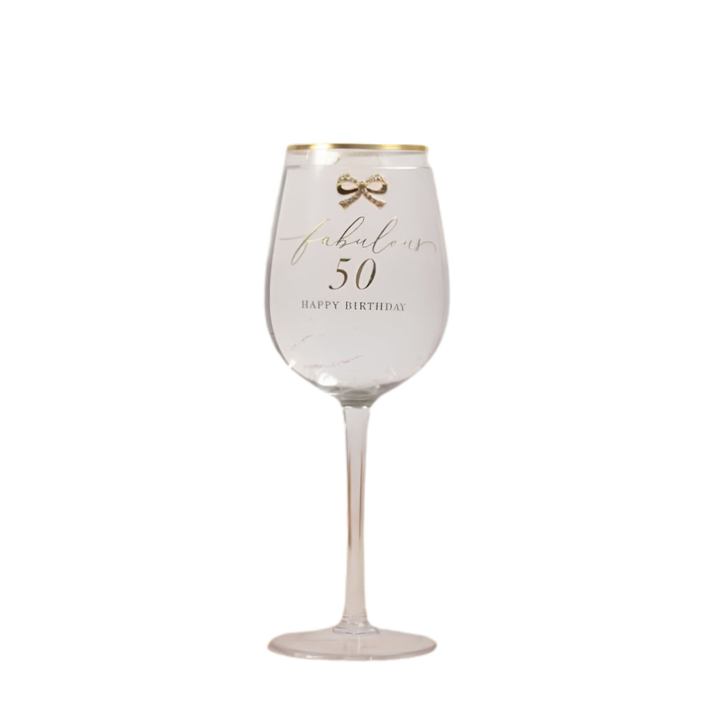 Close-up of 50th birthday detailing on Madelaine wine glass