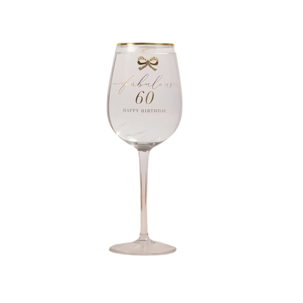 Close-up of 60th birthday detailing on Madelaine wine glass