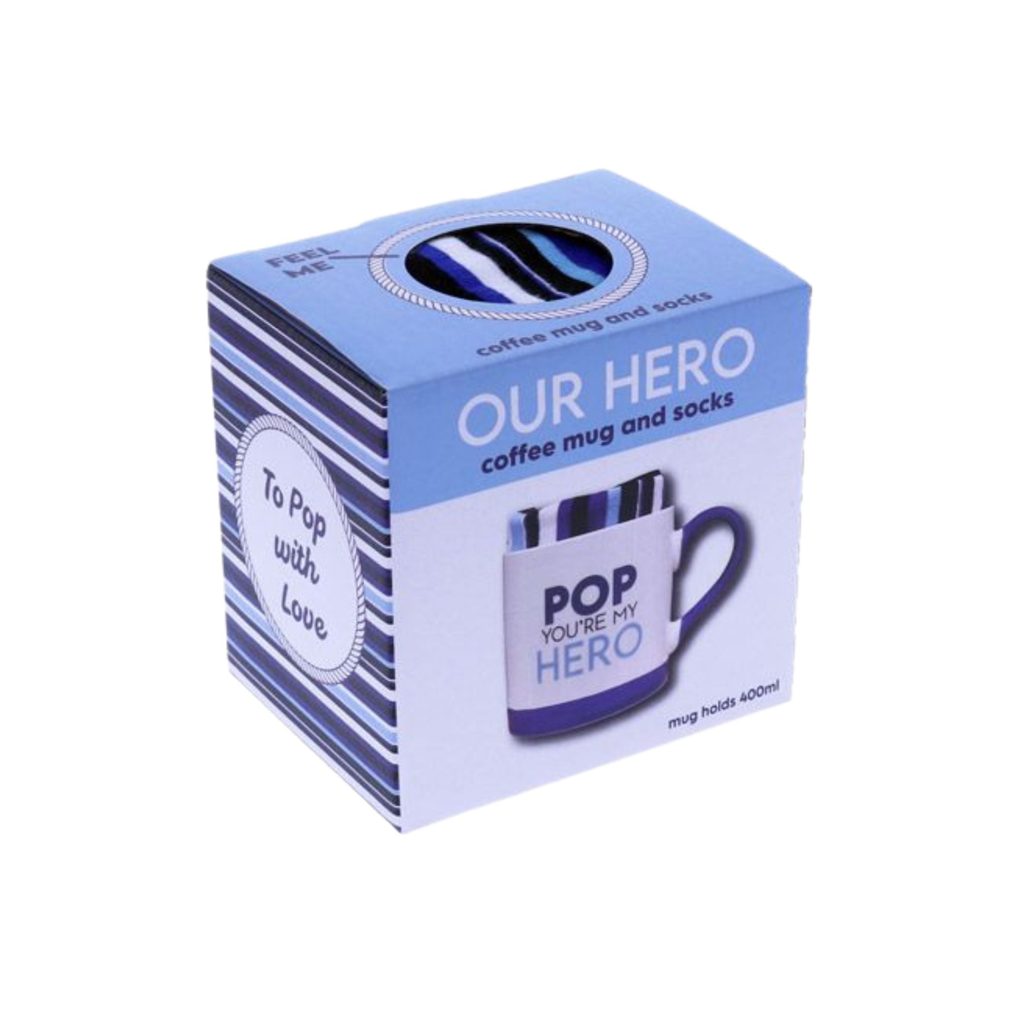 Pop Hero mug and sock set presented in gift packaging